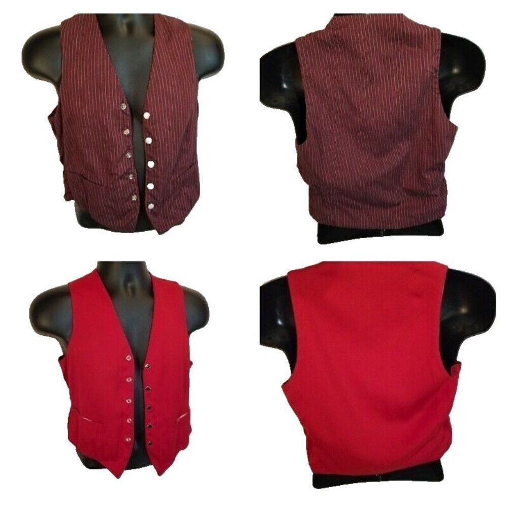 Vintage Mens M Reversible Vest Solid Red Maroon Plaid Snap Front